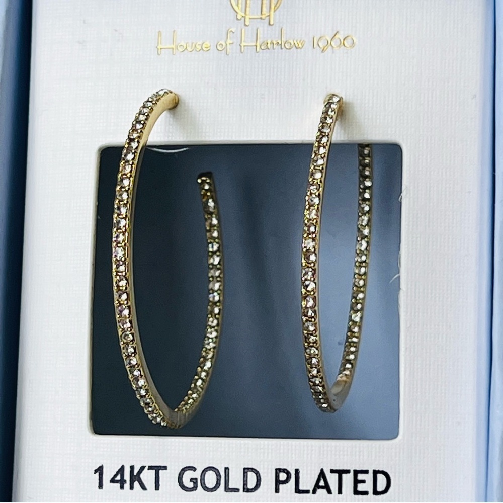 HOUSE OF HARLOW 14K GOLD PLATED HOOPS CRYSTALS NWT - Picture 2 of 8